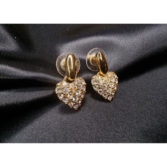 Vintage Swarovski Gold-Tone Crystal Heart Earrings - Picture 5 of 5